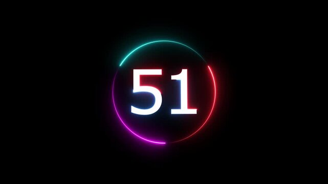 A dynamic circular animation, and glowing count neon number 51 animation . on a black background. and creating a stunning video.4k video
