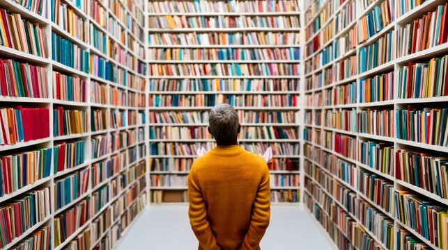 Person in an Orange Sweater Observing a Vast Library Filled with Colorful Books in a Research Environment