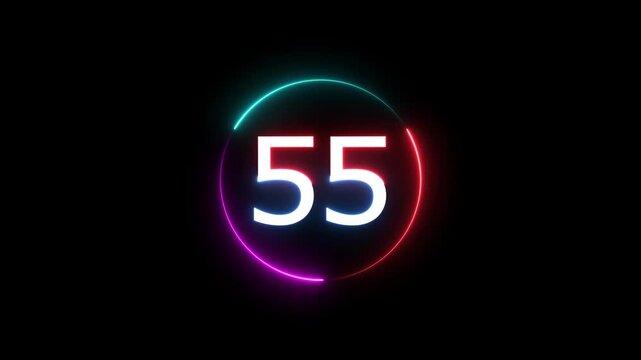 A dynamic circular animation, and glowing count neon number 55 animation . on a black background. and creating a stunning video.4k video