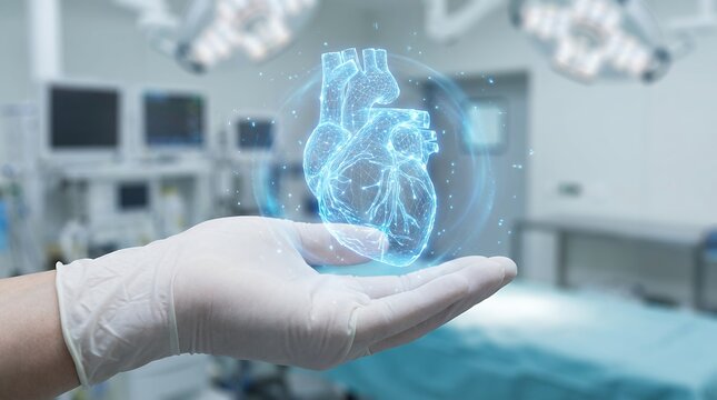 A gloved hand presents a glowing blue holographic anatomical heart model within a modern medical operating room health technology hologram anatomy surgery science research