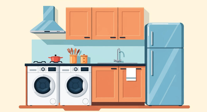 Vector illustration of a kitchen interior featuring two white washing machines under a counter, blue refrigerator, orange cabinets, range hood, stove with pot, and a kitchen sink.