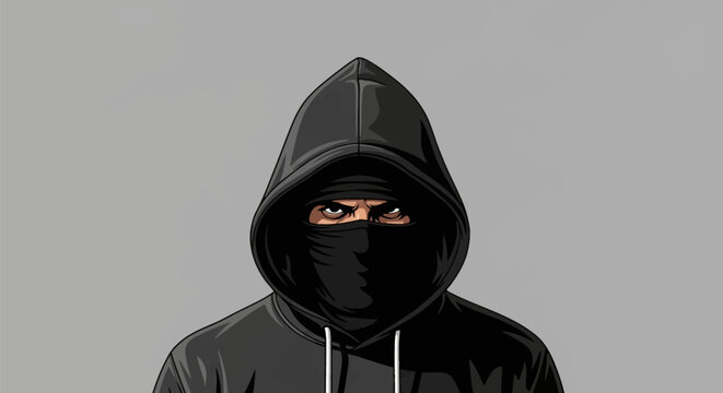 Vector illustration of a man wearing a black hooded sweatshirt and a black face mask covering his nose and mouth, showing only his eyes with a serious expression against a gray background.