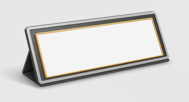 3D illustration of a blank office desk nameplate mockup with a gold inner frame and silver outer border. Empty white rectangular name plate isolated on a light gray background.