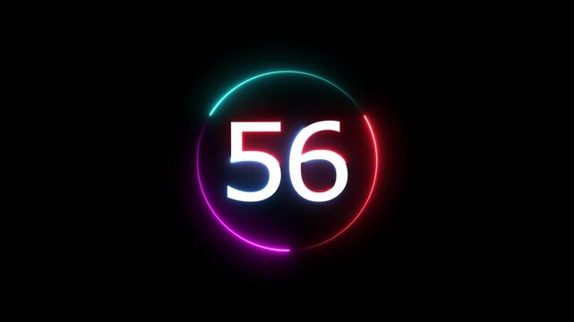 A dynamic circular animation, and glowing count neon number 56 animation . on a black background. and creating a stunning video.4k video
