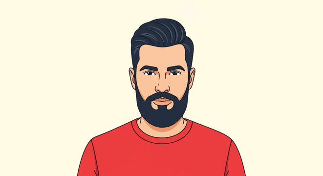 Flat vector illustration of a young bearded man with a dark pompadour hairstyle wearing a red crew neck t-shirt, front-facing head and shoulders portrait on a plain background.