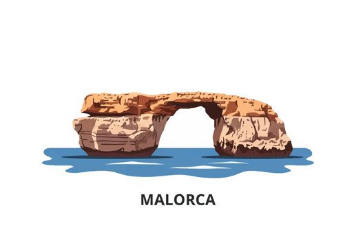 Vector illustration of the Es Pontas natural limestone rock arch bridge formation standing in the blue Mediterranean Sea water, isolated on white background with Malorca text.