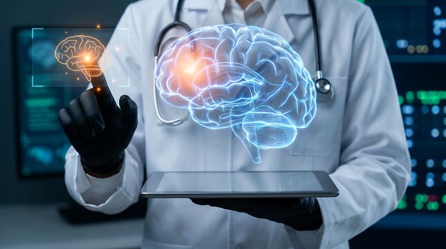 Doctor in lab coat and gloves points to glowing holographic brain interface displaying neural activity while holding a tablet symbolizing medical technology and neuroscience