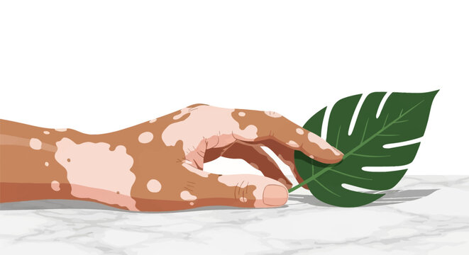 Vector illustration of a human hand with vitiligo skin depigmentation touching a green tropical leaf on a white marble table surface, isolated on a white background.