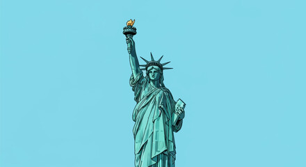 Fototapeta premium Graphic vector illustration of the Statue of Liberty landmark featuring thick black outlines and cel-shading, holding torch and tablet, isolated on a solid light blue background.
