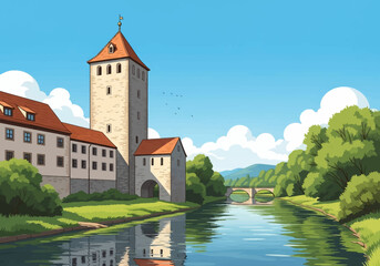 Obraz premium Detailed vector illustration of a historical stone tower and fortified building along a flowing riverbank with a stone arch bridge, green forest, and mountains under a blue sky.