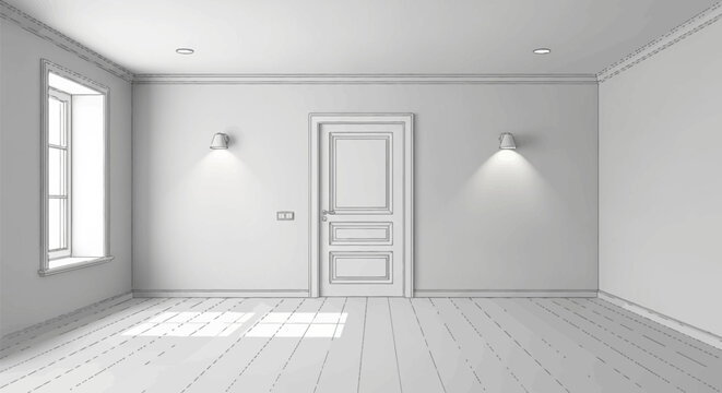3D wireframe sketch of an empty minimalist interior room with a central panel door flanked by two wall sconces, a side window casting sunlight, and detailed wooden floor planks.