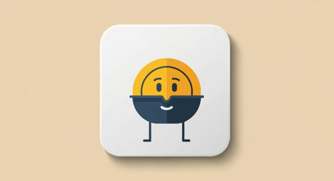 A square rounded pin button mockup featuring a minimalist yellow and dark blue character mascot illustration centered on a white badge, isolated on a beige background surface.