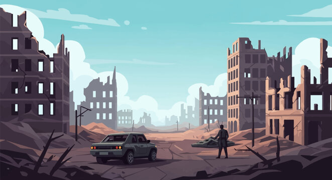 Flat vector illustration of a destroyed city after a war featuring ruined apartment buildings, piles of rubble, an abandoned car on a cracked road, and a lone survivor silhouette.