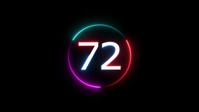 A dynamic circular animation, and glowing count neon number 72 animation . on a black background. and creating a stunning video.4k video