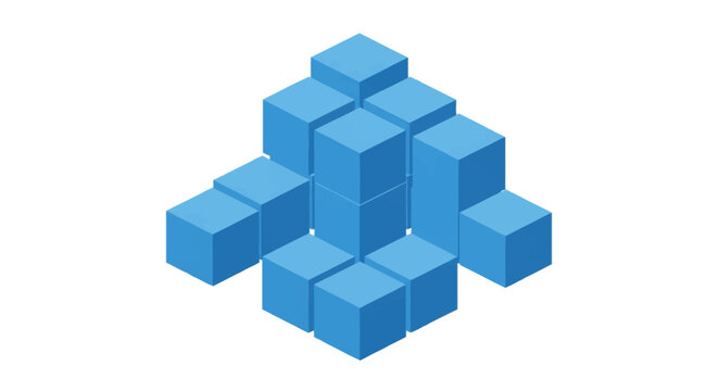 3D isometric illustration of light blue cubes stacked in a geometric cluster formation isolated on a white background, representing data blocks, modularity, and structural design.
