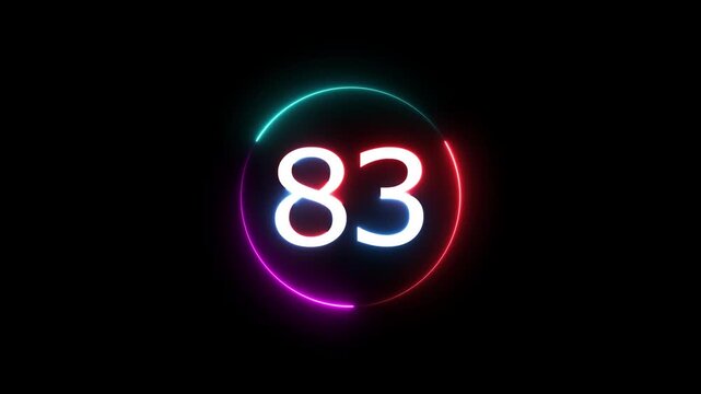A dynamic circular animation, and glowing count neon number 83 animation . on a black background. and creating a stunning video.4k video