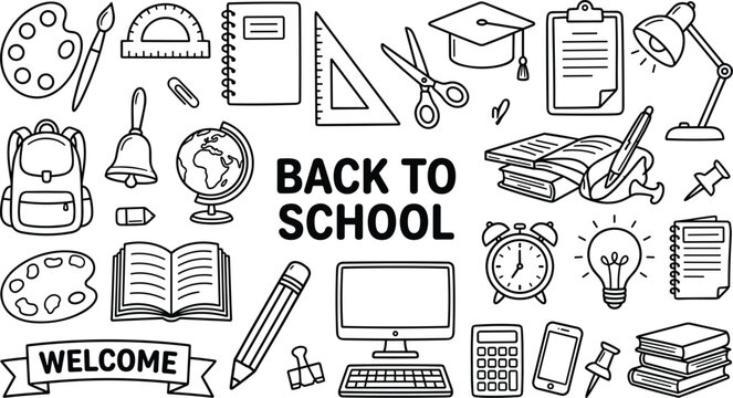 "Back to school vector illustration with educational supplies, books, backpack, globe, and classroom learning tools in black and white"