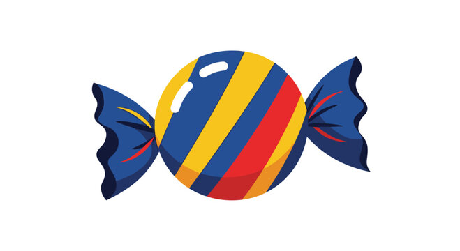 A single piece of round hard candy in a twisted blue wrapper that is decorated with bright yellow and red diagonal stripes.