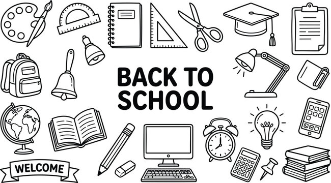 "Back to school vector illustration with educational supplies, books, backpack, globe, and classroom learning tools in black and white"
