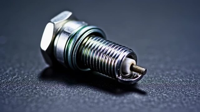 Close-up shot of new car spark plug on dark background for automotive industry