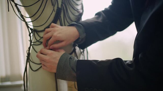Fashion designer creates macrame garment on mannequin in workshop studio.