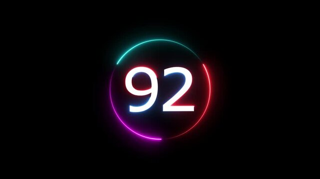 A dynamic circular animation, and glowing count neon number 92 animation . on a black background. and creating a stunning video.4k video