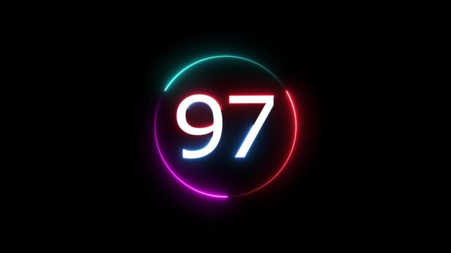 A dynamic circular animation, and glowing count neon number 97 animation . on a black background. and creating a stunning video.4k video