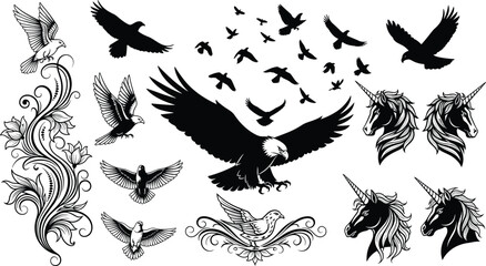 Fototapeta premium Eagle Bird and Unicorn Illustration Collection Featuring Flying Wildlife Ornamental Floral and Fantasy Vector Designs
