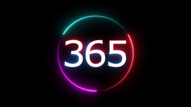 A dynamic circular animation, and glowing count neon number 365 animation . on a black background. and creating a stunning video.4k video