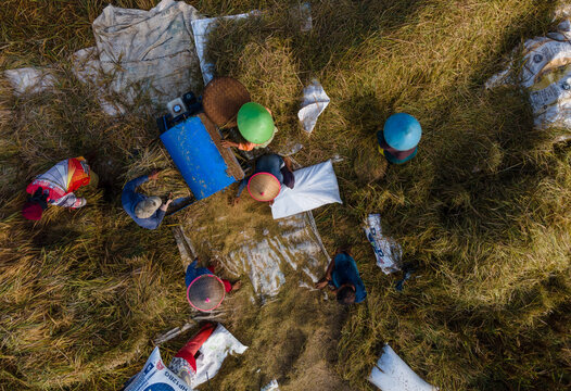 Aerial view of farmers harvesting rice with a blue threshing machine and colorful conical hats in a golden field Karanglewas, Central Java, Indonesia.