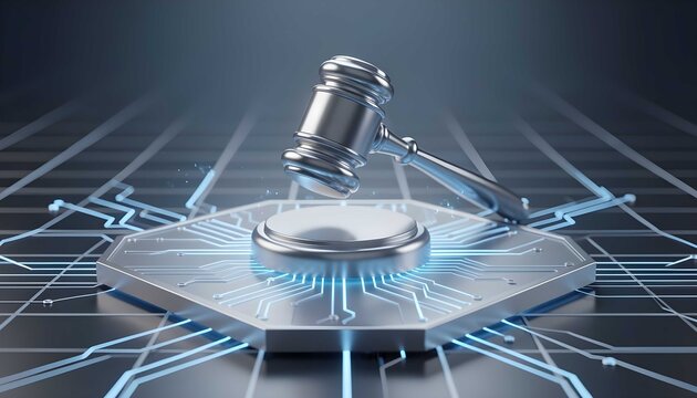Modern Legal Technology Background Featuring Glowing Digital Gavel and Circuit Network