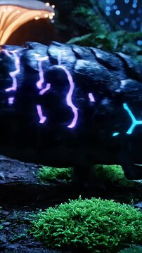 Bioluminescent blue energy on pangolin scales in dark woods.