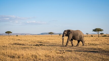 Fototapeta premium African elephant walking across the savanna landscape