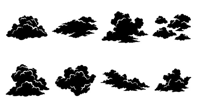 Collection of various dark storm cloud shapes.