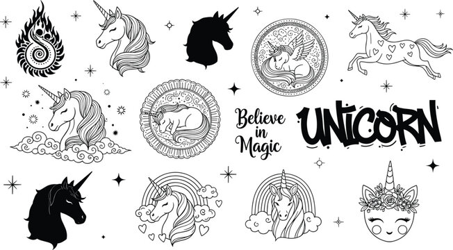 Magical Unicorn Illustration Collection with Fantasy Characters Rainbow Clouds Wings Hearts and Inspirational Typography Set