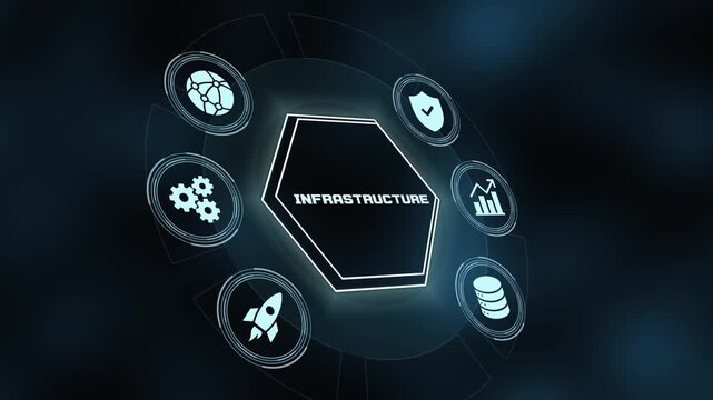 Digital infrastructure and database management concept with digital icons on abstract background for corporate network