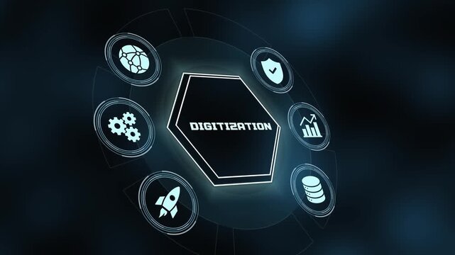 Corporate digitization and data conversion concept with digital icons on abstract background for modern business