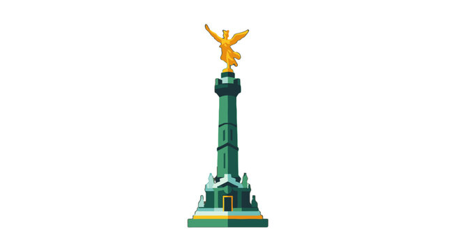 Illuminated green column with golden winged statue atop.
