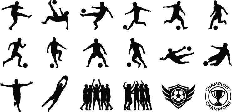 Soccer Football Player Silhouette Vector Collection Action Poses Team Badge for Sports Club and Championship Branding