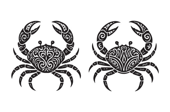 Two crab silhouettes with tribal pattern black on white