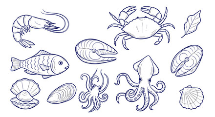 Fototapeta premium Vector illustration set of seafood icons, including shrimp, fish, crab, squid, octopus, and shellfish, with a hand-drawn line art style