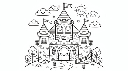 Fototapeta premium Cute Fairytale Castle Coloring Page For Kids With Smiling Sun And Clouds
