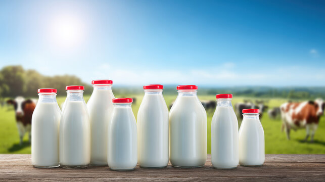Glass milk bottle dairy product milk container plastic cap white liquid bottle collection different size empty label wooden table farm background pasture field grazing cow rural landscape blue sky