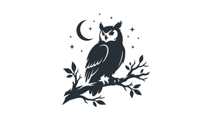Silhouette Owl perched on branch under crescent moon and stars, night sky, graphic illustration © heru