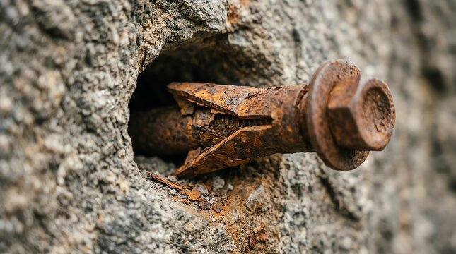 Close-up of rusty nail embedded in rough concrete surface with weathered texture.