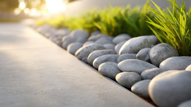 Landscaped stone border with smooth gray river rock and green grass along concrete path in warm sunlight