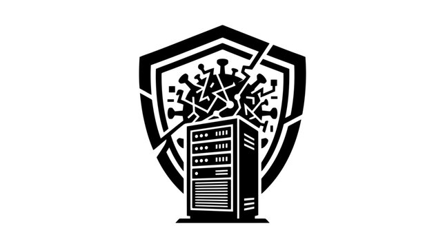 Black and white computer server shield icon with cracking effect.