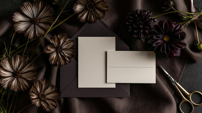 Luxury wedding invitation suite mockup with blank cards, envelope, dark satin fabric, moody cosmos flowers and gold scissors, elegant flat lay for premium bridal stationery.