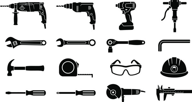 Construction Power Hand Tool Silhouette Set Drill Wrench Hammer Safety Equipment Icon Collection Isolated on White Background