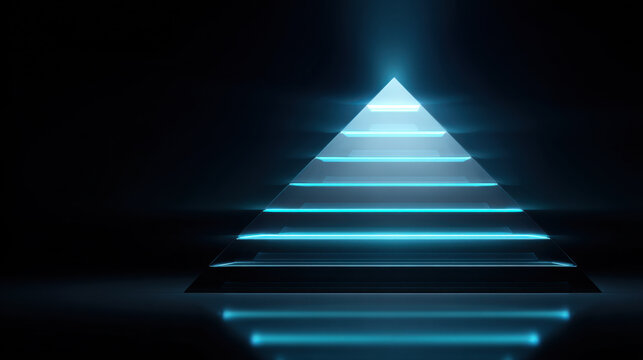 Glowing glass pyramid with six bright tiers dark background blue light abstract geometric shape futuristic design reflective surface digital art mystery night scene